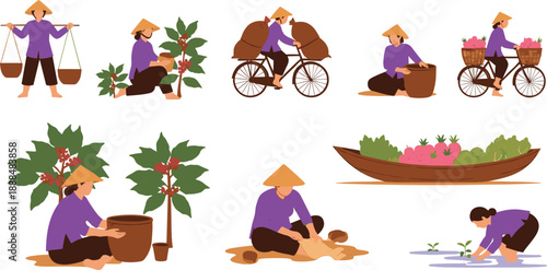 Vietnamese farmer character set harvesting crops carrying baskets cycling and washing produce in rural agriculture flat vector illustration