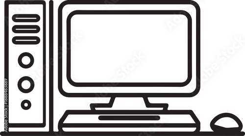 Vintage desktop computer tower monitor and mouse line art icon on white background vector illustration