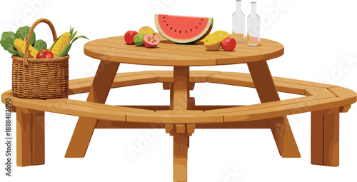 Wooden picnic table with benches basket fruit watermelon and bottles outdoor summer picnic illustration isolated on white background vector