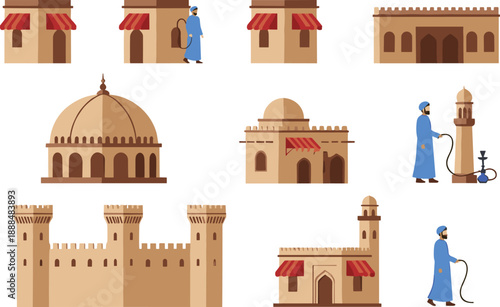 Middle Eastern town architecture icon set with mosque shops fort walls minaret and traditional street scene vector illustration
