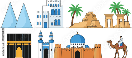 World landmark icon set with pyramids mosque kaaba castle ruins palm trees camel and famous architecture vector illustration