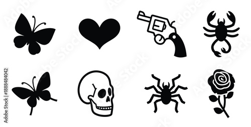 collection of black silhouette icons featuring a gun