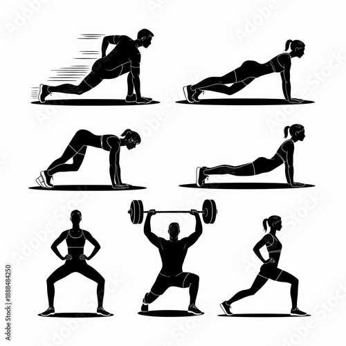 Illustrations of various fitness exercises for men and women
