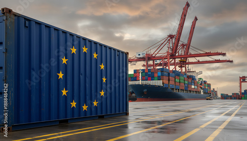 logistic container with EU flag. Global Logistics and Trade theme