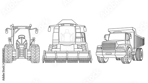 Line drawings of farm machinery including tractor and harvester