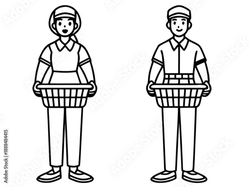 Vector flat illustration set of line art female and male laundry service workers in uniform poses