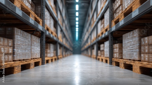 Wallpaper Mural Warehouse Aisle with Pallet Racks and Cardboard Boxes in a Distribution Center during Daylight in a Modern Logistics Facility Torontodigital.ca