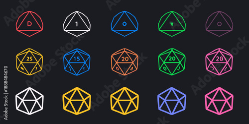 A collection of brightly colored polyhedral dice on a dark background