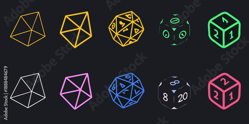 Colorful collection of polyhedral dice on a dark background