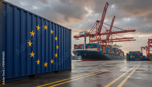 logistic container with EU flag. Global Logistics and Trade theme
