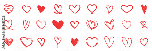 Doodle hand drawn red heart icon collection, big set love sign