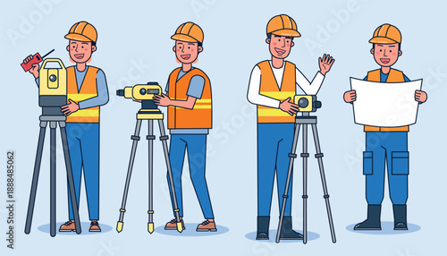 Foreman plans construction work with a team of surveyors with multiple theodolites.
