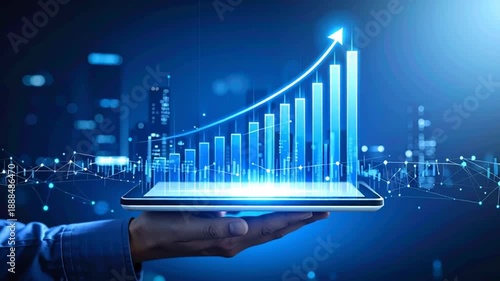 Businessman analyzing growing statistics on tablet with rising graph