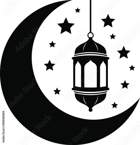 Ramadan kareem vector art with crescent moon, shining stars, and an elegant hanging lantern