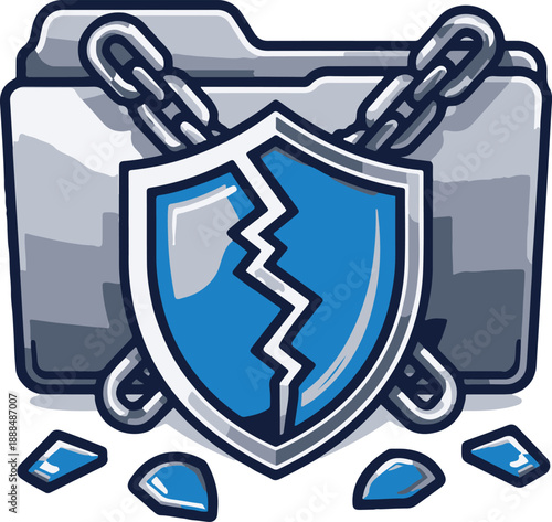 Broken shield icon in front of a chained folder symbolizing data breach or compromised security compromised