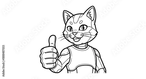 Cartoon cat giving a thumbs up gesture with robotic arm.