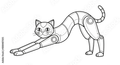 Futuristic robotic cat illustration in a yoga pose.