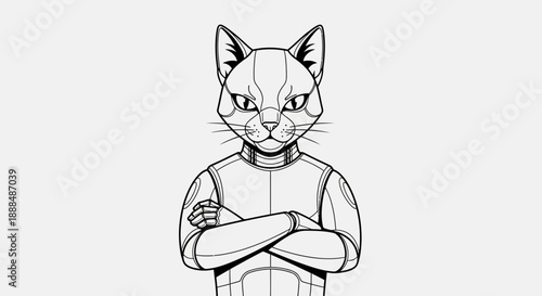 Illustration of a cat wearing a futuristic outfit with crossed arms.