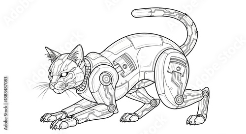 Futuristic robotic cat illustration with mechanical body parts.
