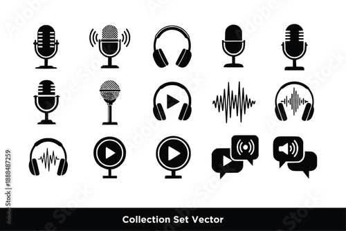 Podcast Audio Equipment and Multimedia Sound Icon Set vector ilustration