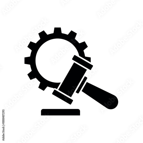 Icon a legal regulation gavel and mechanical gear, isolated against a clean background.