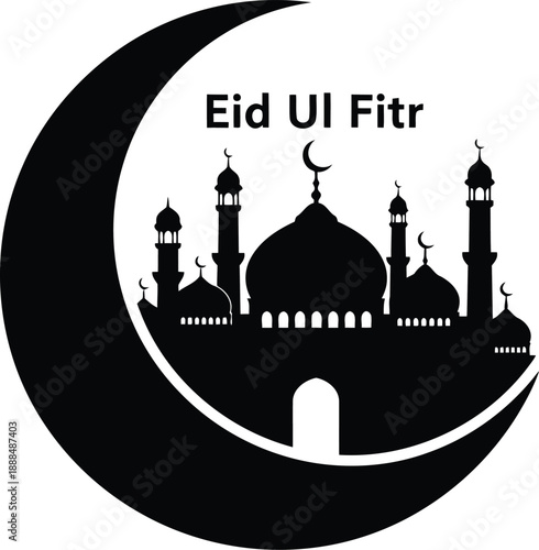 Elegant eid ul fitr vector illustration with mosque silhouette and crescent moon