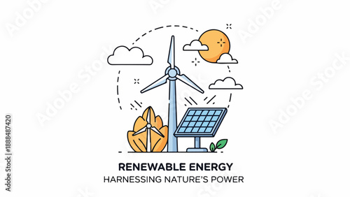Renewable energy symbols with solar panel, wind turbine