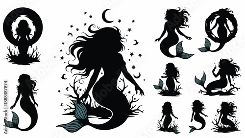 Silhouettes of mermaids in various poses