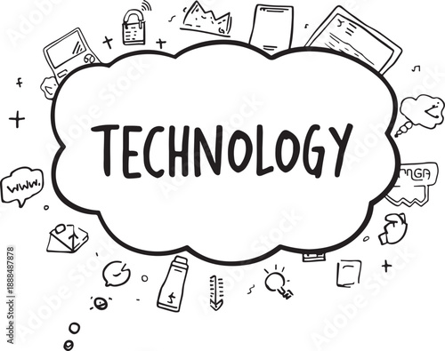 Hand-drawn cloud shape filled with the word TECHNOLOGY surrounded by various technology related doodles and icons Keywords: technology, cloud, word, text, doodle, drawing, hand-drawn