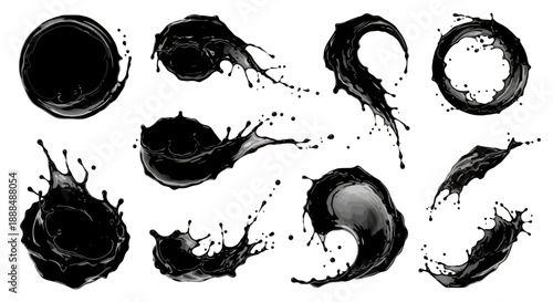 Black Ink Splashes and Swirls Abstract Shapes.
