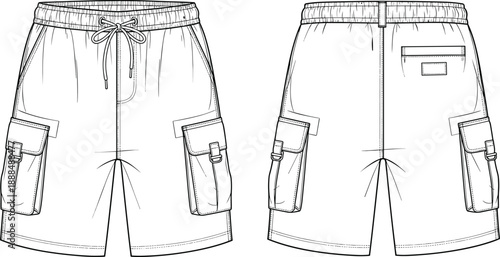 Cargo shorts technical line drawing showing front and back views with pockets, waistband details, and stitching, ideal for fashion design, apparel manufacturing, and clothing vector illustration