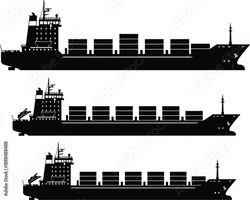 Cargo container ship silhouettes illustration set showing freight vessels at sea, global shipping and maritime logistics concept isolated on white background, commercial transport vector 