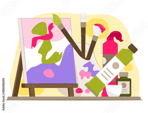 Wallpaper Mural Color Stroke on Artist Canvas Frame in Easel with Paint Brushes, Color Tubes, Color Mixing Palette and Art Supplies Stationery for Painting Hobby Concept Illustration Clip Art Torontodigital.ca