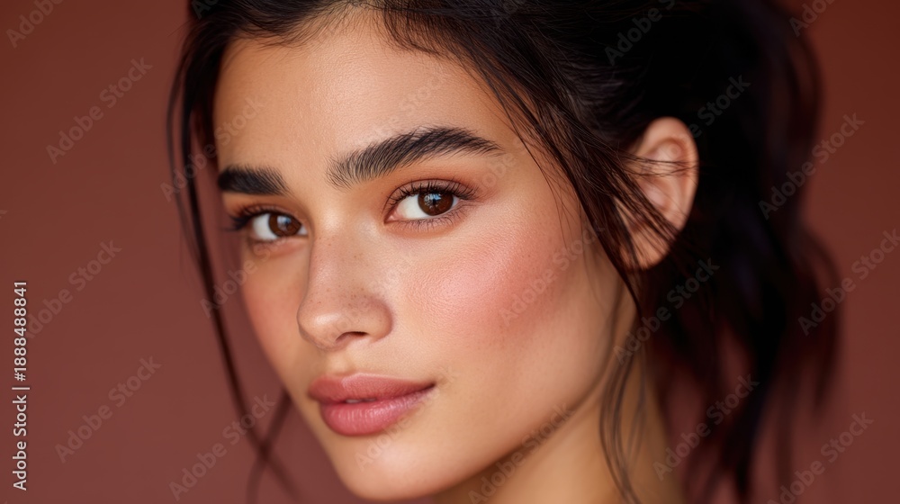 Fototapeta premium Close-up portrait of a young woman with natural makeup highlighting smooth skin, soft features, and expressive eyes against a warm-toned background