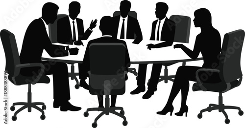 Corporate meeting silhouettes, business team seated, office discussion scene, professional collaboration, formal attire, teamwork concept, communication illustration
