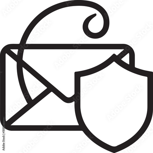 Outline Icon of an Envelope with a Shield and Swirl Keywords: envelope, shield, security, protection, mail, message, communication, outline, icon, symbol, safety, secure, data, privacy, black