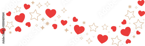 Red hearts and beige stars, romantic wave pattern, Valentine's Day decoration, festive love design, curved celebration background, sweet illustration