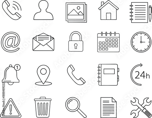 Essential Business and Interface Line Icons Set Featuring Communication Tools, File Management, Time Scheduling, and Settings Support Symbols.