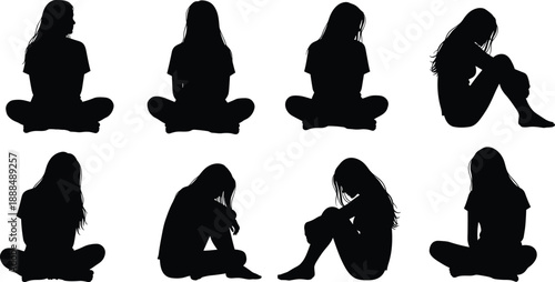 Collection of black silhouette vector illustrations of a lonely woman sitting in different sad poses expressing depression grief and solitude on white background