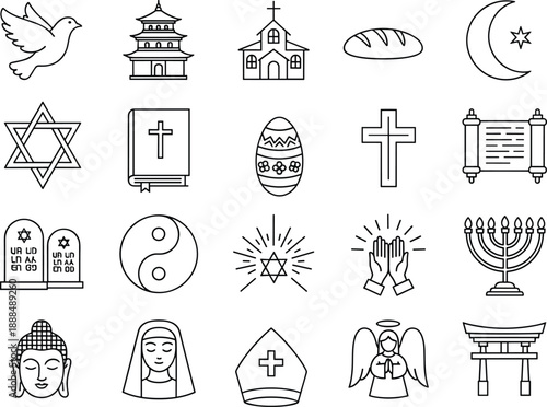 Global Religion and Spirituality Line Icons Set Featuring Diverse Faith Symbols, Sacred Buildings, Holy Books, and Worship Ritual Elements.