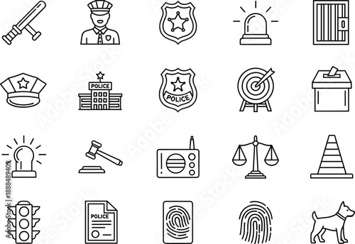 Law Enforcement and Public Safety Line Icons Set Featuring Police Officers, Justice Scales, Fingerprint Identification, and Security Symbols.