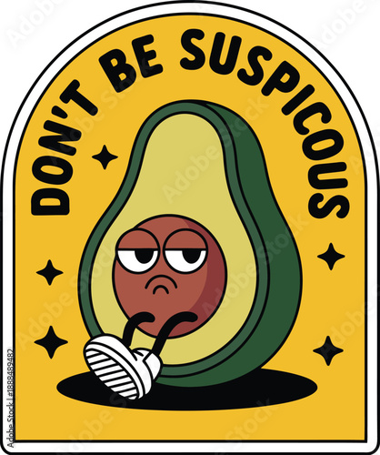 Yellow badge with avocado and potato character and suspicious text