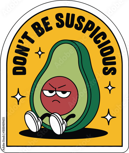 Angry Avocado Character with Handcuffs on Yellow Background