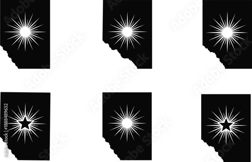 Collection of black silhouettes of Alberta province map shapes in Canada featuring glowing sun bursts and shining stars with radiant rays for geographic design projects