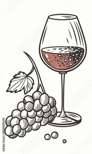 Elegant Wine Glass and Grape Cluster Illustration.