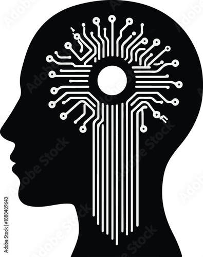 Silhouette of a human head with a circuit board pattern representing the brain technology