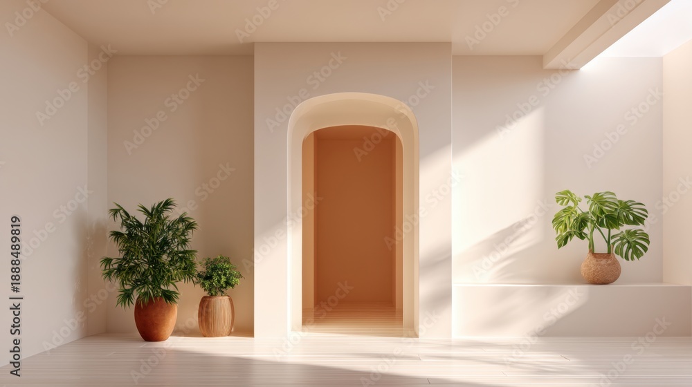 Fototapeta premium Modern interior design concept featuring minimalist architecture with potted plants, natural light, and warm neutral tones in serene living space