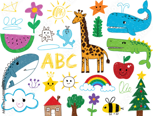 Colorful hand-drawn of animals, and letters giraffe