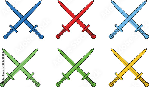 Collection of colorful crossed swords illustrations in flat style isolated on white background for gaming battle combat and medieval historical competition design elements