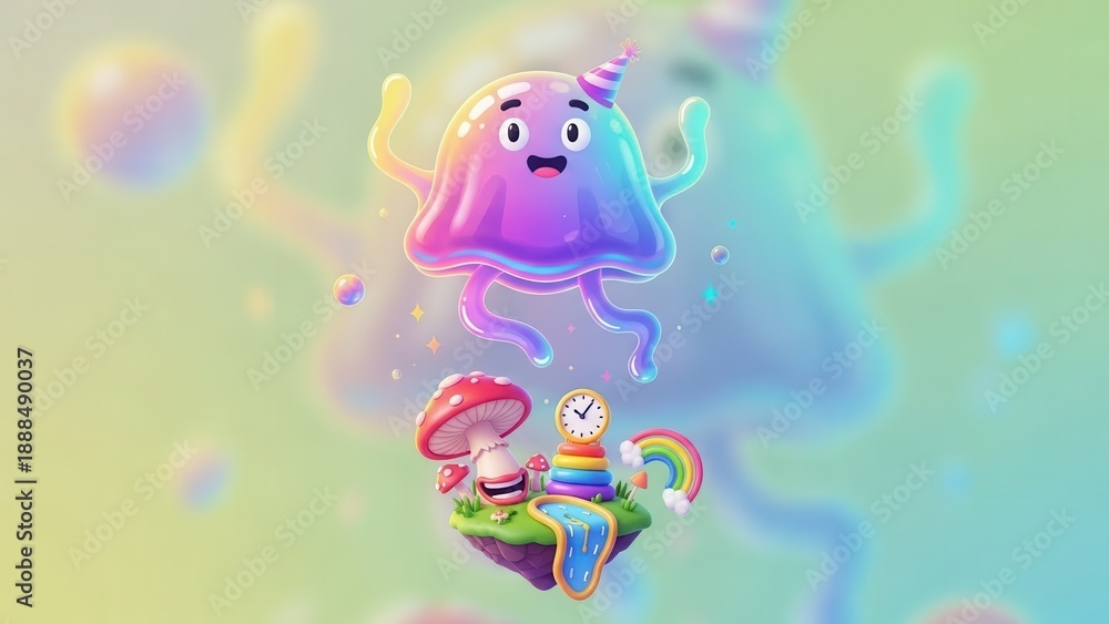 Fototapeta premium Whimsical rainbow creature celebrates on a magical floating island with charming elements and